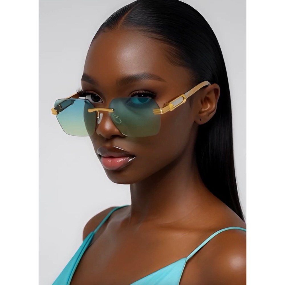 Luxury Women Sunglasses Gold Marbled Blue Yellow Gradient Tint Retro Y2K Lentes